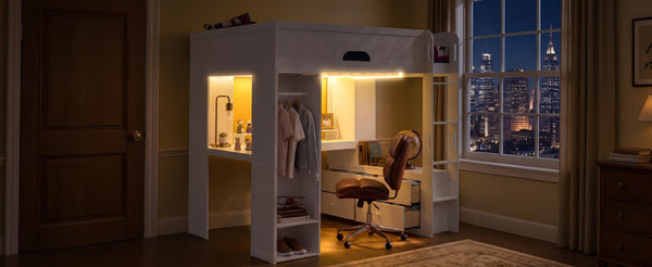 English Elm Full Size Solid Wood Loft Bed with L Shaped Desk Wardrobe Smart LED and USB Charging White LT000438AAK