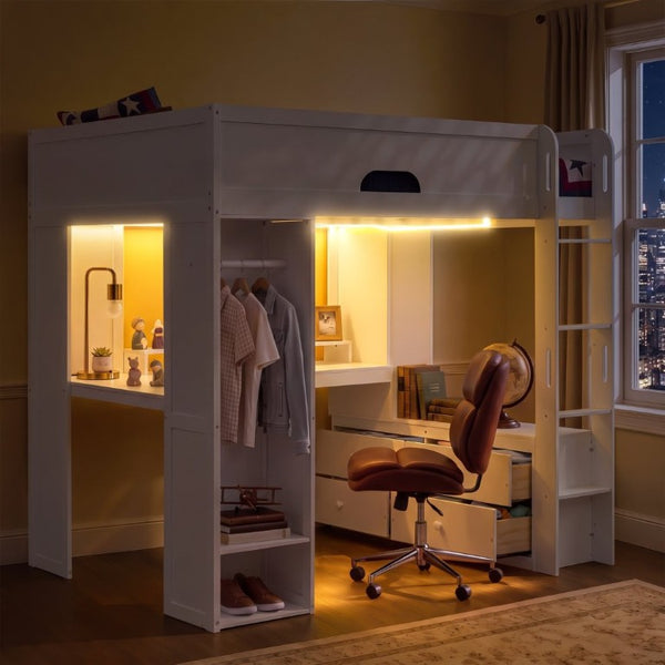 English Elm Full Size Solid Wood Loft Bed with L Shaped Desk Wardrobe Smart LED and USB Charging White LT000438AAK