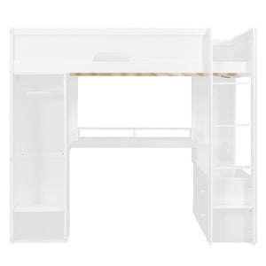 English Elm Full Size Solid Wood Loft Bed with L Shaped Desk Wardrobe Smart LED and USB Charging White LT000438AAK