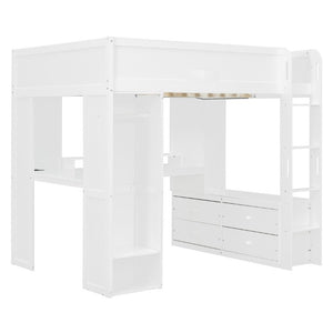 English Elm Full Size Solid Wood Loft Bed with L Shaped Desk Wardrobe Smart LED and USB Charging White LT000438AAK