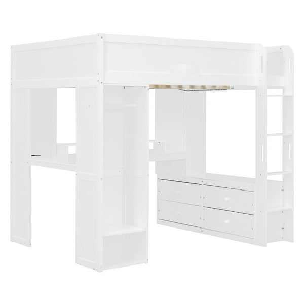 English Elm Full Size Solid Wood Loft Bed with L Shaped Desk Wardrobe Smart LED and USB Charging White LT000438AAK