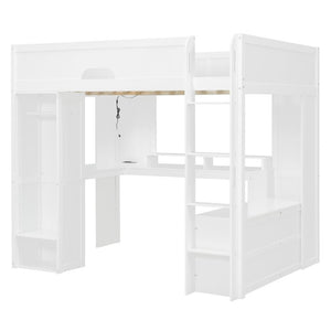 English Elm Full Size Solid Wood Loft Bed with L Shaped Desk Wardrobe Smart LED and USB Charging White LT000438AAK