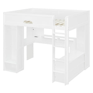 English Elm Full Size Solid Wood Loft Bed with L Shaped Desk Wardrobe Smart LED and USB Charging White LT000438AAK