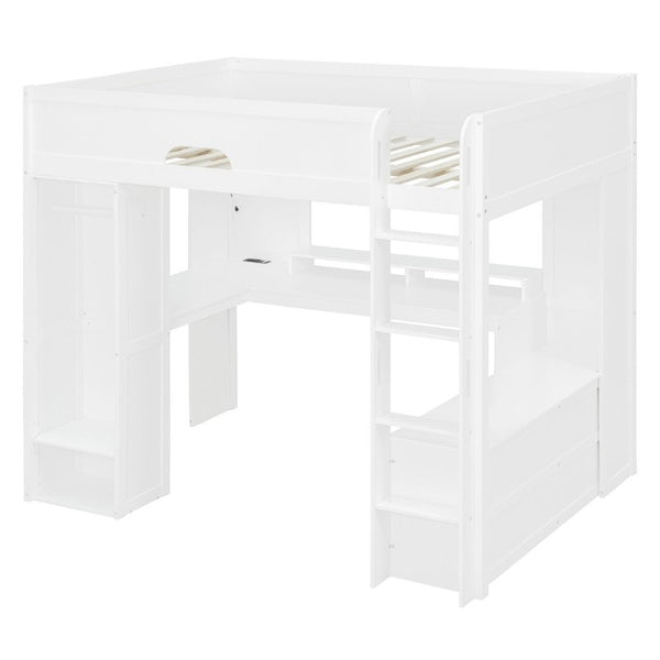 English Elm Full Size Solid Wood Loft Bed with L Shaped Desk Wardrobe Smart LED and USB Charging White LT000438AAK