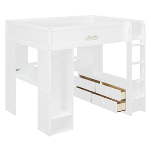 English Elm Full Size Solid Wood Loft Bed with L Shaped Desk Wardrobe Smart LED and USB Charging White LT000438AAK