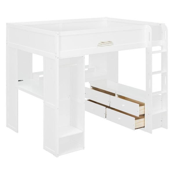 English Elm Full Size Solid Wood Loft Bed with L Shaped Desk Wardrobe Smart LED and USB Charging White LT000438AAK