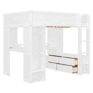 English Elm Full Size Solid Wood Loft Bed with L Shaped Desk Wardrobe Smart LED and USB Charging White LT000438AAK