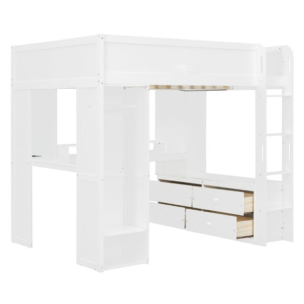 English Elm Full Size Solid Wood Loft Bed with L Shaped Desk Wardrobe Smart LED and USB Charging White LT000438AAK