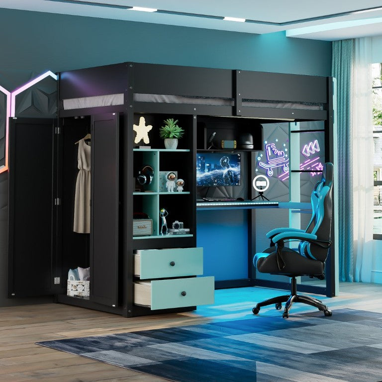 English Elm Full Size Kids Playhouse Loft Bed with Slide Storage Shelves and Sturdy Guardrails Black+Blue LT000439AAC