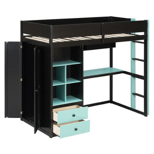 English Elm Full Size Kids Playhouse Loft Bed with Slide Storage Shelves and Sturdy Guardrails Black+Blue LT000439AAC