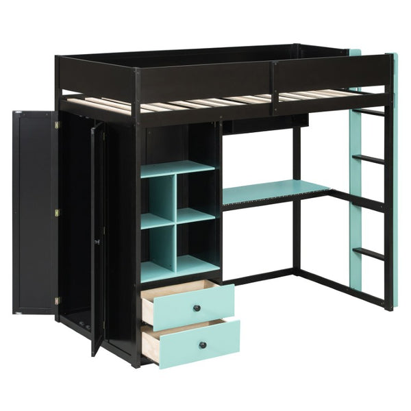 English Elm Full Size Kids Playhouse Loft Bed with Slide Storage Shelves and Sturdy Guardrails Black+Blue LT000439AAC