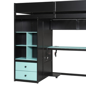 English Elm Full Size Kids Playhouse Loft Bed with Slide Storage Shelves and Sturdy Guardrails Black+Blue LT000439AAC
