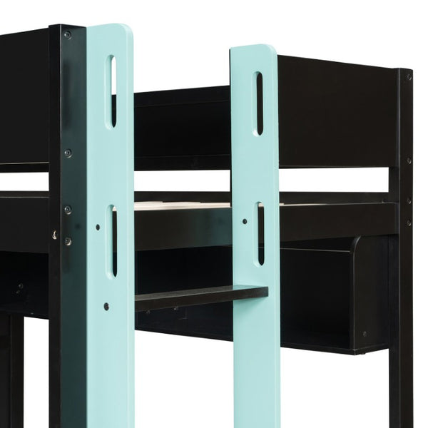 English Elm Full Size Kids Playhouse Loft Bed with Slide Storage Shelves and Sturdy Guardrails Black+Blue LT000439AAC