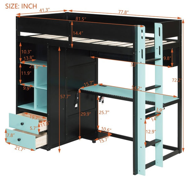 English Elm Full Size Kids Playhouse Loft Bed with Slide Storage Shelves and Sturdy Guardrails Black+Blue LT000439AAC