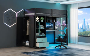 English Elm Full Size Kids Playhouse Loft Bed with Slide Storage Shelves and Sturdy Guardrails Black+Blue LT000439AAC