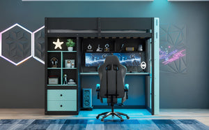 English Elm Full Size Kids Playhouse Loft Bed with Slide Storage Shelves and Sturdy Guardrails Black+Blue LT000439AAC