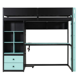 English Elm Full Size Kids Playhouse Loft Bed with Slide Storage Shelves and Sturdy Guardrails Black+Blue LT000439AAC