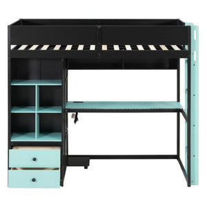 English Elm Full Size Kids Playhouse Loft Bed with Slide Storage Shelves and Sturdy Guardrails Black+Blue LT000439AAC