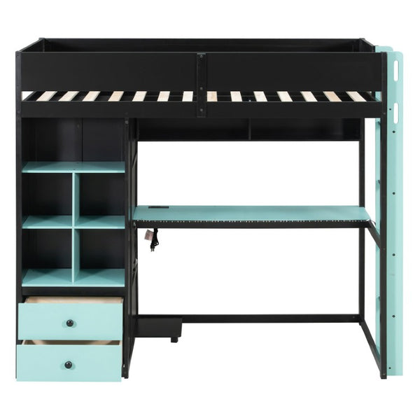 English Elm Full Size Kids Playhouse Loft Bed with Slide Storage Shelves and Sturdy Guardrails Black+Blue LT000439AAC