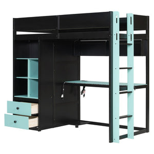 English Elm Full Size Kids Playhouse Loft Bed with Slide Storage Shelves and Sturdy Guardrails Black+Blue LT000439AAC