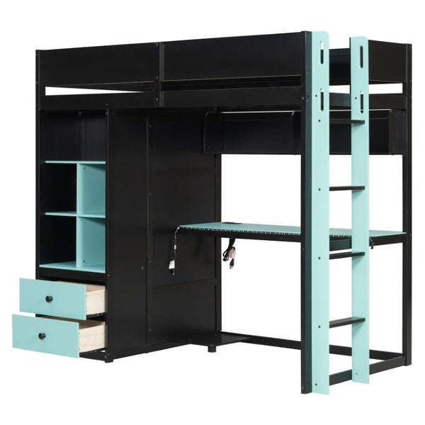English Elm Full Size Kids Playhouse Loft Bed with Slide Storage Shelves and Sturdy Guardrails Black+Blue LT000439AAC