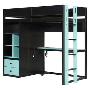 English Elm Full Size Kids Playhouse Loft Bed with Slide Storage Shelves and Sturdy Guardrails Black+Blue LT000439AAC