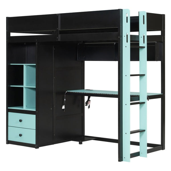 English Elm Full Size Kids Playhouse Loft Bed with Slide Storage Shelves and Sturdy Guardrails Black+Blue LT000439AAC