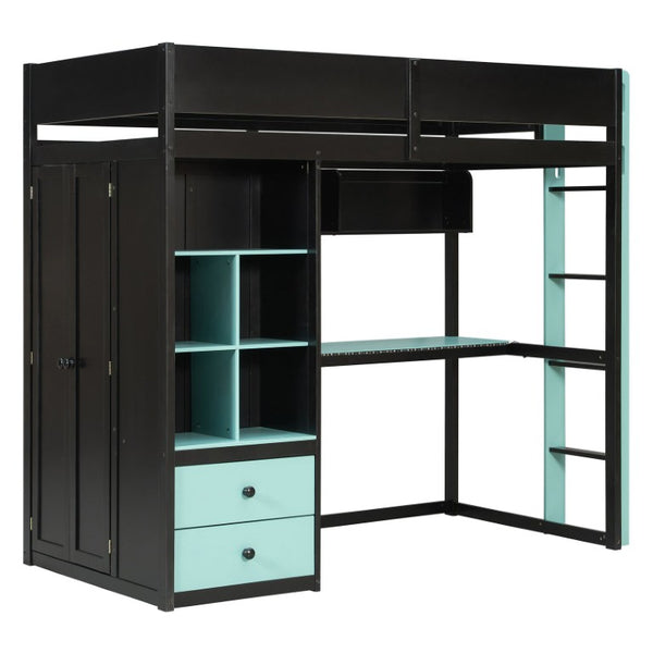 English Elm Full Size Kids Playhouse Loft Bed with Slide Storage Shelves and Sturdy Guardrails Black+Blue LT000439AAC