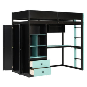 English Elm Full Size Kids Playhouse Loft Bed with Slide Storage Shelves and Sturdy Guardrails Black+Blue LT000439AAC