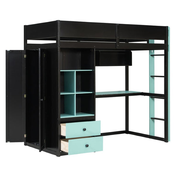 English Elm Full Size Kids Playhouse Loft Bed with Slide Storage Shelves and Sturdy Guardrails Black+Blue LT000439AAC