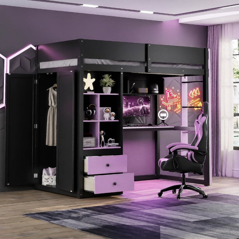 English Elm Twin Loft Bed with Built-In Desk Wardrobe Storage and RGB LED Smart Lighting Twin Black+Purple LT000439AAI
