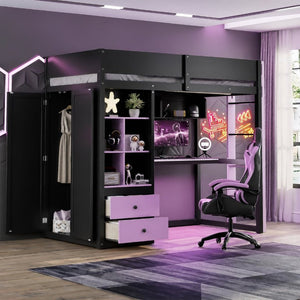 English Elm Twin Loft Bed with Built-In Desk Wardrobe Storage and RGB LED Smart Lighting Twin Black+Purple LT000439AAI