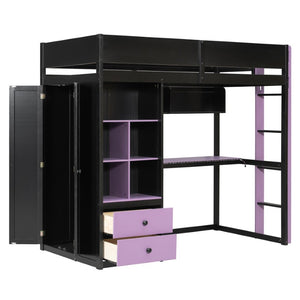 English Elm Twin Loft Bed with Built-In Desk Wardrobe Storage and RGB LED Smart Lighting Twin Black+Purple LT000439AAI