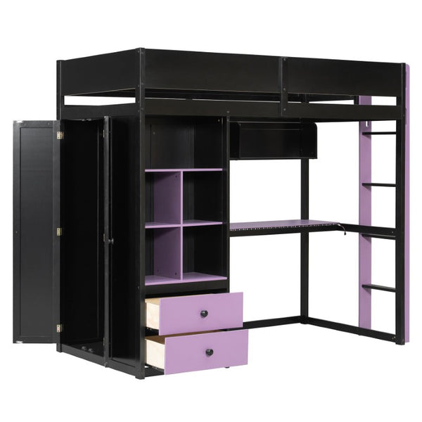 English Elm Twin Loft Bed with Built-In Desk Wardrobe Storage and RGB LED Smart Lighting Twin Black+Purple LT000439AAI