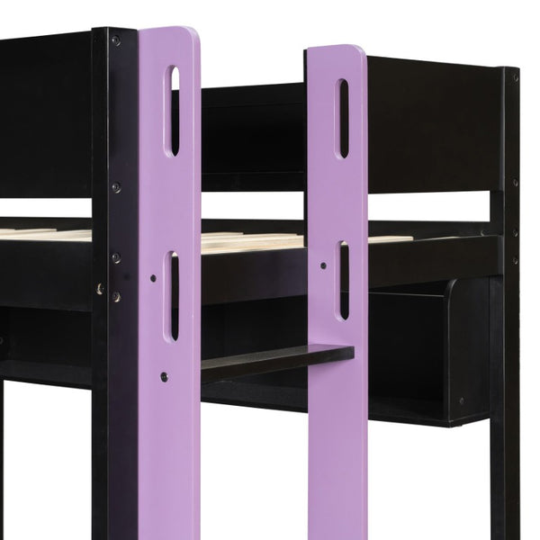 English Elm Twin Loft Bed with Built-In Desk Wardrobe Storage and RGB LED Smart Lighting Twin Black+Purple LT000439AAI