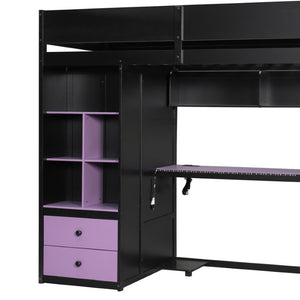 English Elm Twin Loft Bed with Built-In Desk Wardrobe Storage and RGB LED Smart Lighting Twin Black+Purple LT000439AAI