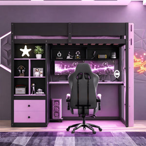 English Elm Twin Loft Bed with Built-In Desk Wardrobe Storage and RGB LED Smart Lighting Twin Black+Purple LT000439AAI