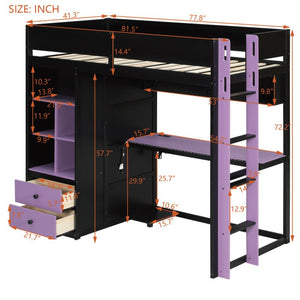 English Elm Twin Loft Bed with Built-In Desk Wardrobe Storage and RGB LED Smart Lighting Twin Black+Purple LT000439AAI