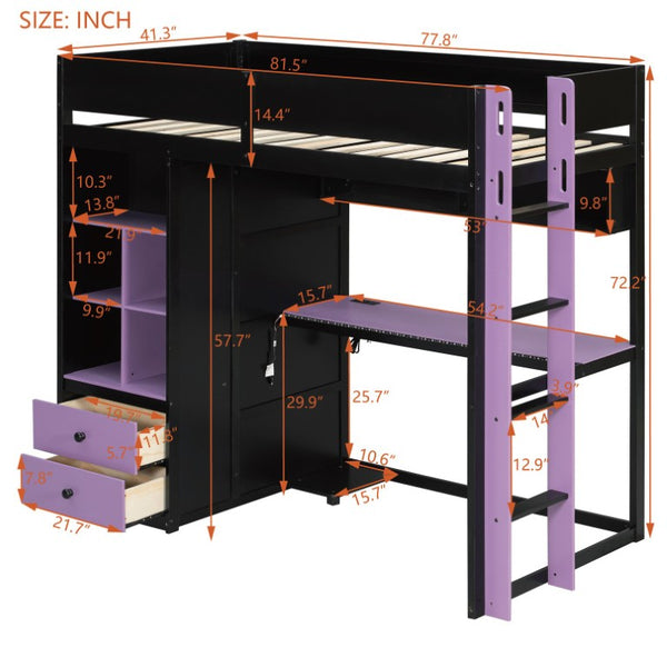 English Elm Twin Loft Bed with Built-In Desk Wardrobe Storage and RGB LED Smart Lighting Twin Black+Purple LT000439AAI