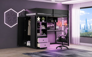 English Elm Twin Loft Bed with Built-In Desk Wardrobe Storage and RGB LED Smart Lighting Twin Black+Purple LT000439AAI