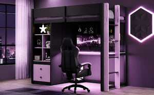 English Elm Twin Loft Bed with Built-In Desk Wardrobe Storage and RGB LED Smart Lighting Twin Black+Purple LT000439AAI
