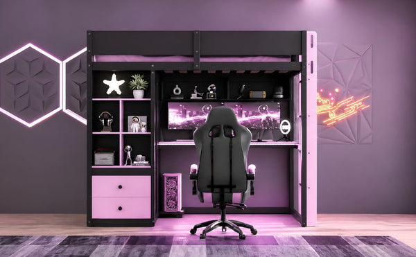 English Elm Twin Loft Bed with Built-In Desk Wardrobe Storage and RGB LED Smart Lighting Twin Black+Purple LT000439AAI