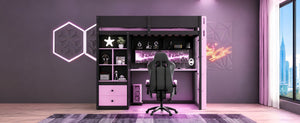 English Elm Twin Loft Bed with Built-In Desk Wardrobe Storage and RGB LED Smart Lighting Twin Black+Purple LT000439AAI