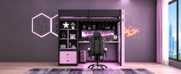 English Elm Twin Loft Bed with Built-In Desk Wardrobe Storage and RGB LED Smart Lighting Twin Black+Purple LT000439AAI