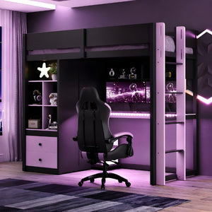 English Elm Twin Loft Bed with Built-In Desk Wardrobe Storage and RGB LED Smart Lighting Twin Black+Purple LT000439AAI