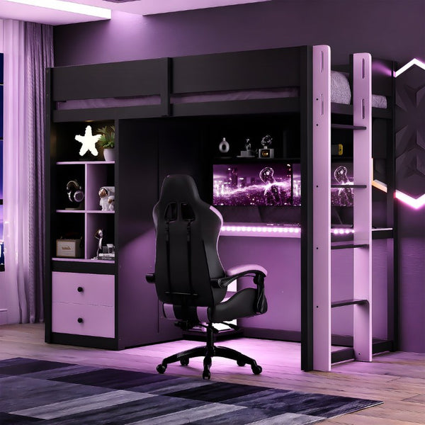 English Elm Twin Loft Bed with Built-In Desk Wardrobe Storage and RGB LED Smart Lighting Twin Black+Purple LT000439AAI