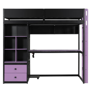 English Elm Twin Loft Bed with Built-In Desk Wardrobe Storage and RGB LED Smart Lighting Twin Black+Purple LT000439AAI