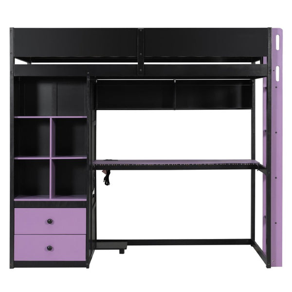 English Elm Twin Loft Bed with Built-In Desk Wardrobe Storage and RGB LED Smart Lighting Twin Black+Purple LT000439AAI