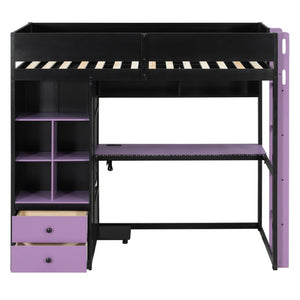 English Elm Twin Loft Bed with Built-In Desk Wardrobe Storage and RGB LED Smart Lighting Twin Black+Purple LT000439AAI