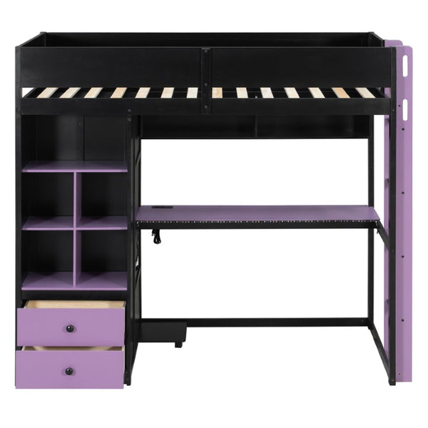 English Elm Twin Loft Bed with Built-In Desk Wardrobe Storage and RGB LED Smart Lighting Twin Black+Purple LT000439AAI